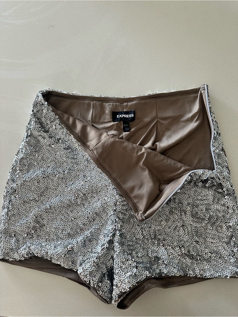 EXPRESS Silver Sequin High-Waist Shorts